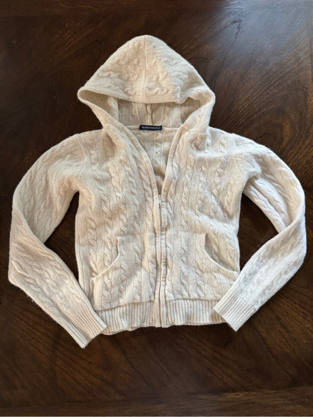 Brandy Melville Cream Cable-Knit Hooded Zip Sweater